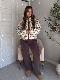 Harvest Floral Print Button Up Fleece Jacket (Cream/Khaki)