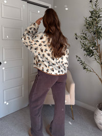 Harvest Floral Print Button Up Fleece Jacket (Cream/Khaki)