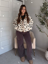 Harvest Floral Print Button Up Fleece Jacket (Cream/Khaki)
