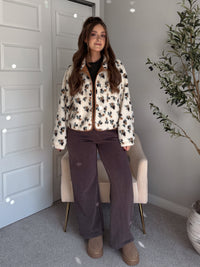Harvest Floral Print Button Up Fleece Jacket (Cream/Khaki)