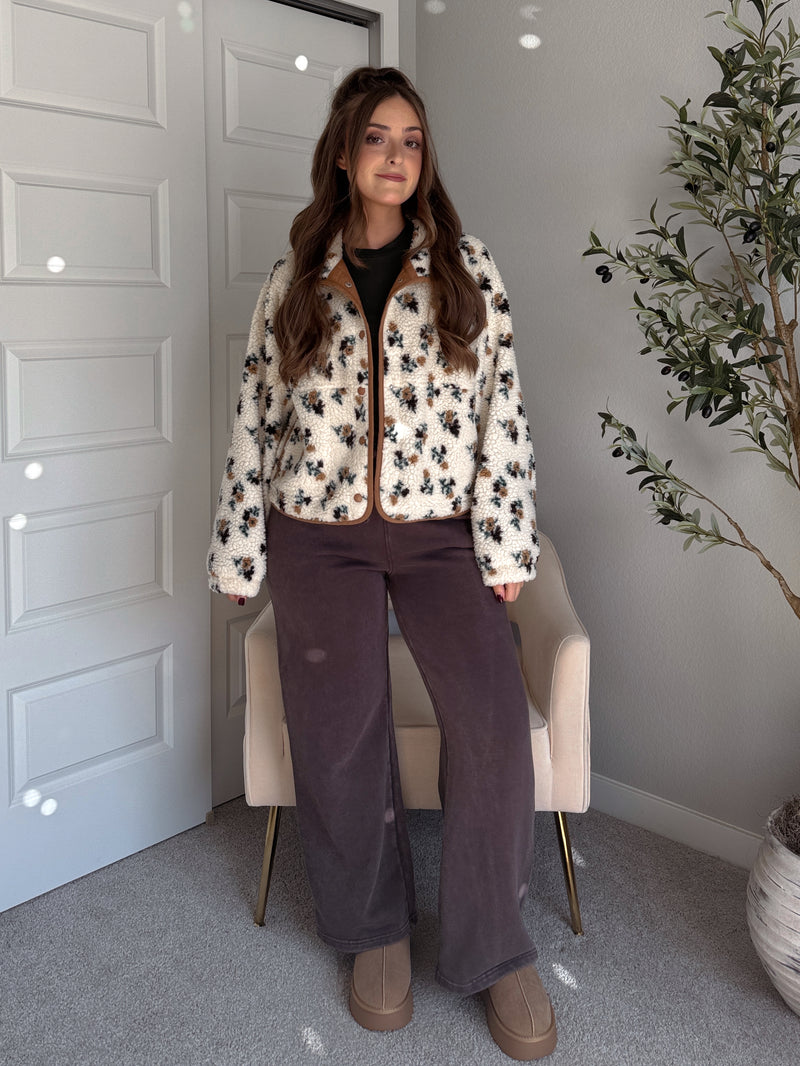 Harvest Floral Print Button Up Fleece Jacket (Cream/Khaki)
