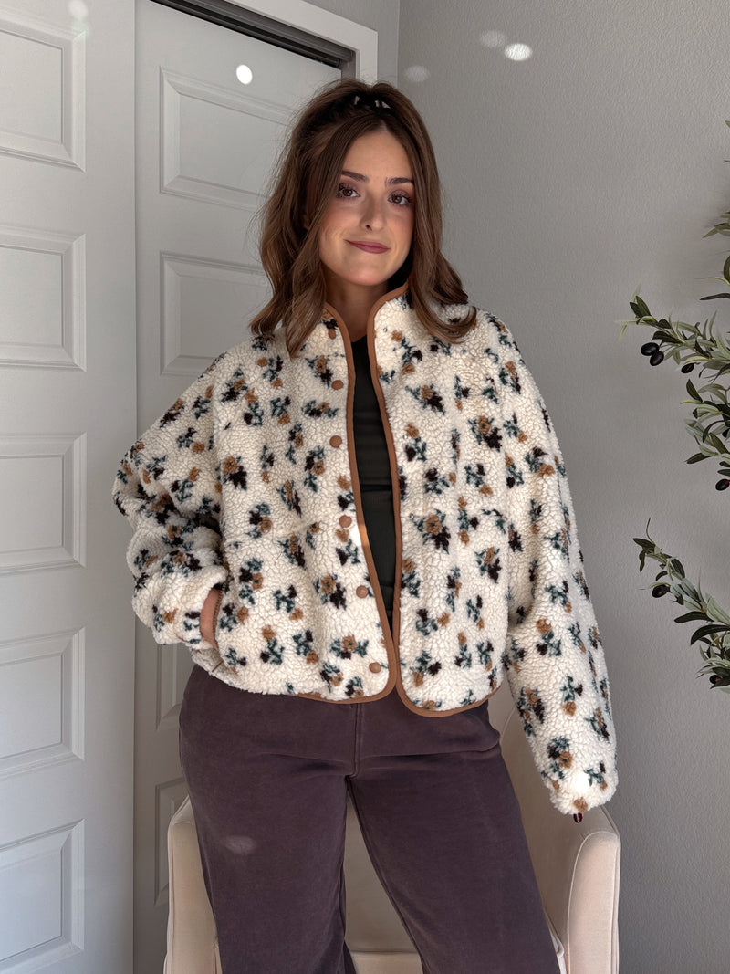 Harvest Floral Print Button Up Fleece Jacket (Cream/Khaki)