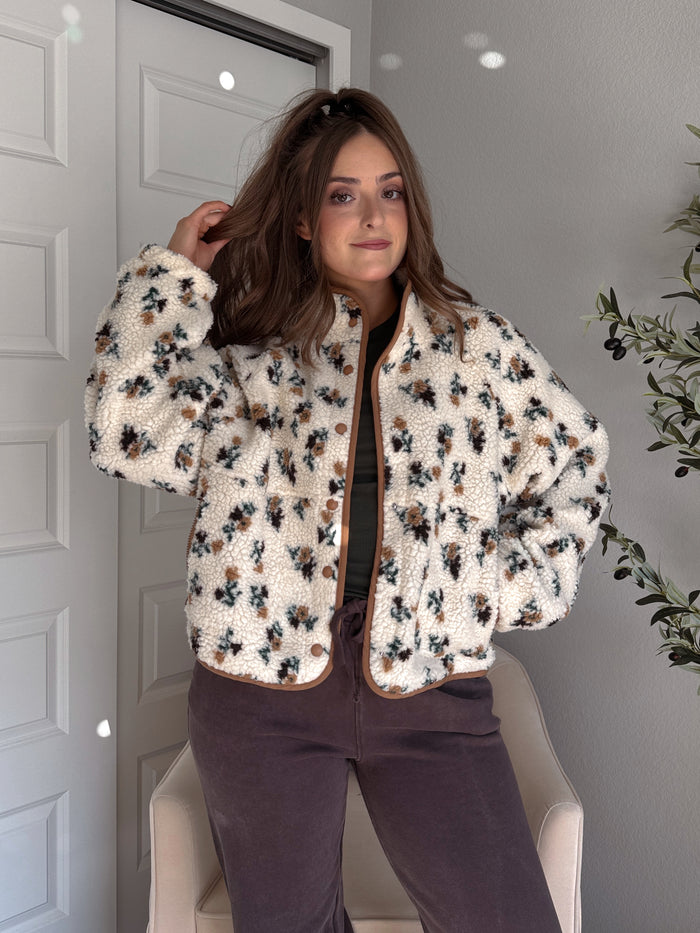 Harvest Floral Print Button Up Fleece Jacket (Cream/Khaki)