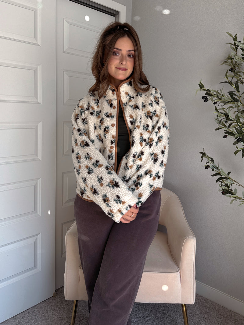Harvest Floral Print Button Up Fleece Jacket (Cream/Khaki)