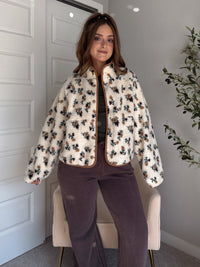 Harvest Floral Print Button Up Fleece Jacket (Cream/Khaki)