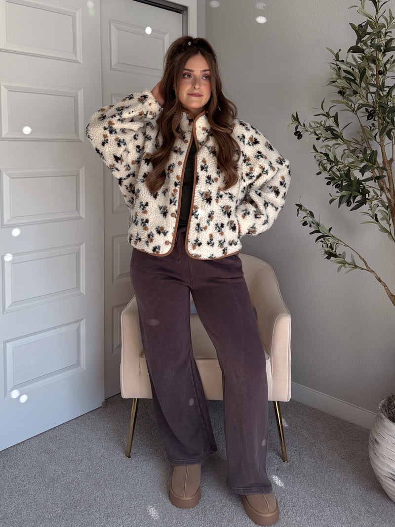 Harvest Floral Print Button Up Fleece Jacket (Cream/Khaki)