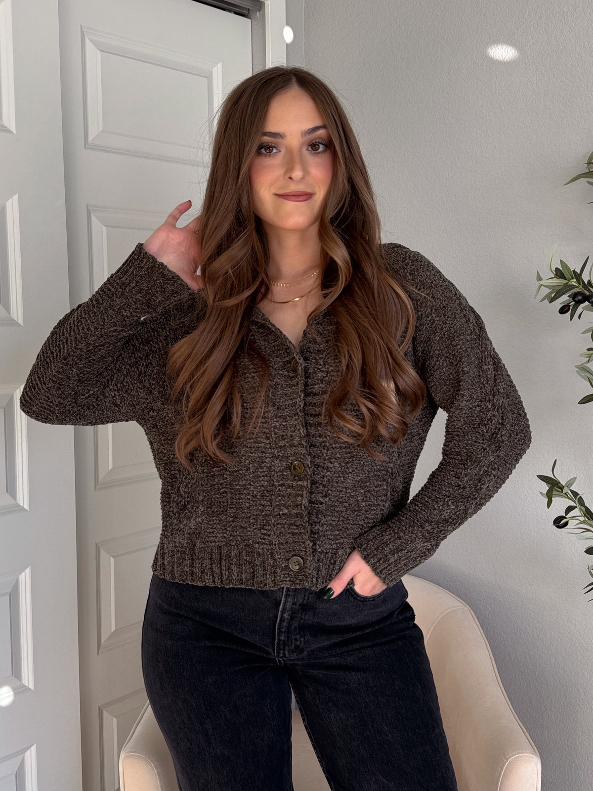 Hawthorne Chenille Cable Knit Collared Cardigan (Olive)