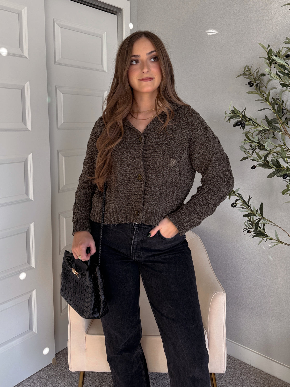 Hawthorne Chenille Cable Knit Collared Cardigan (Olive)