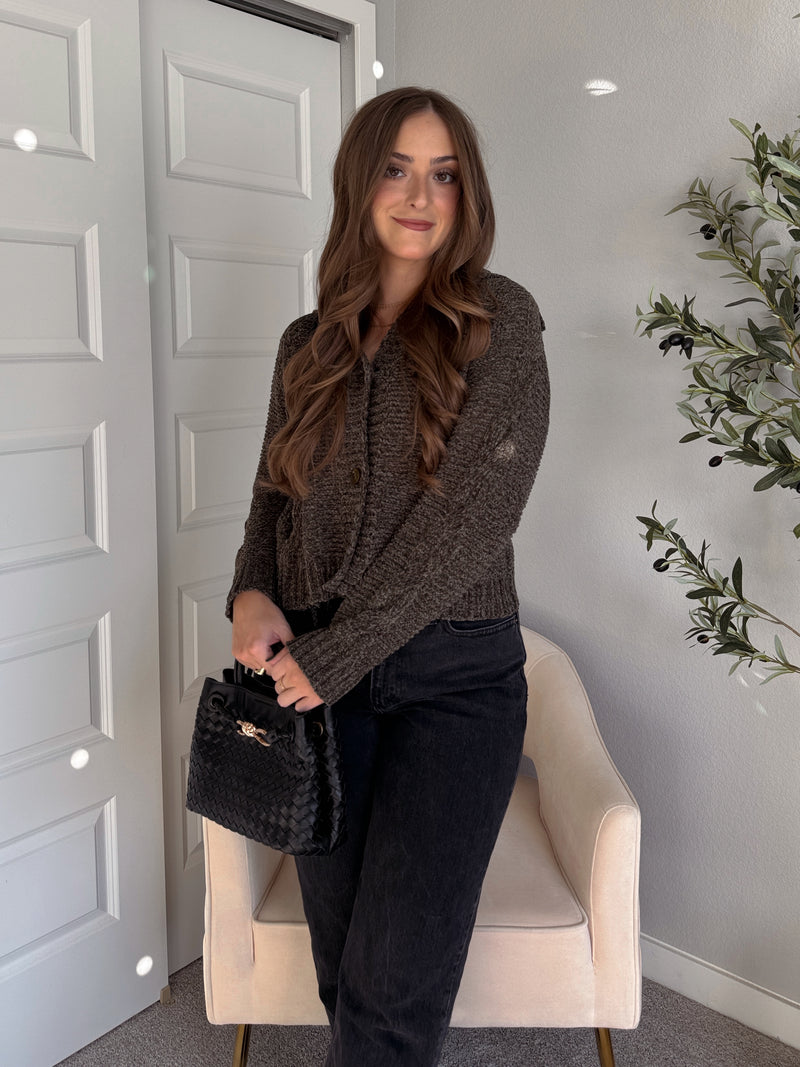 Hawthorne Chenille Cable Knit Collared Cardigan (Olive)