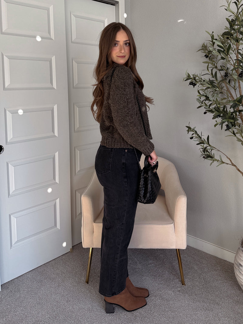 Hawthorne Chenille Cable Knit Collared Cardigan (Olive)