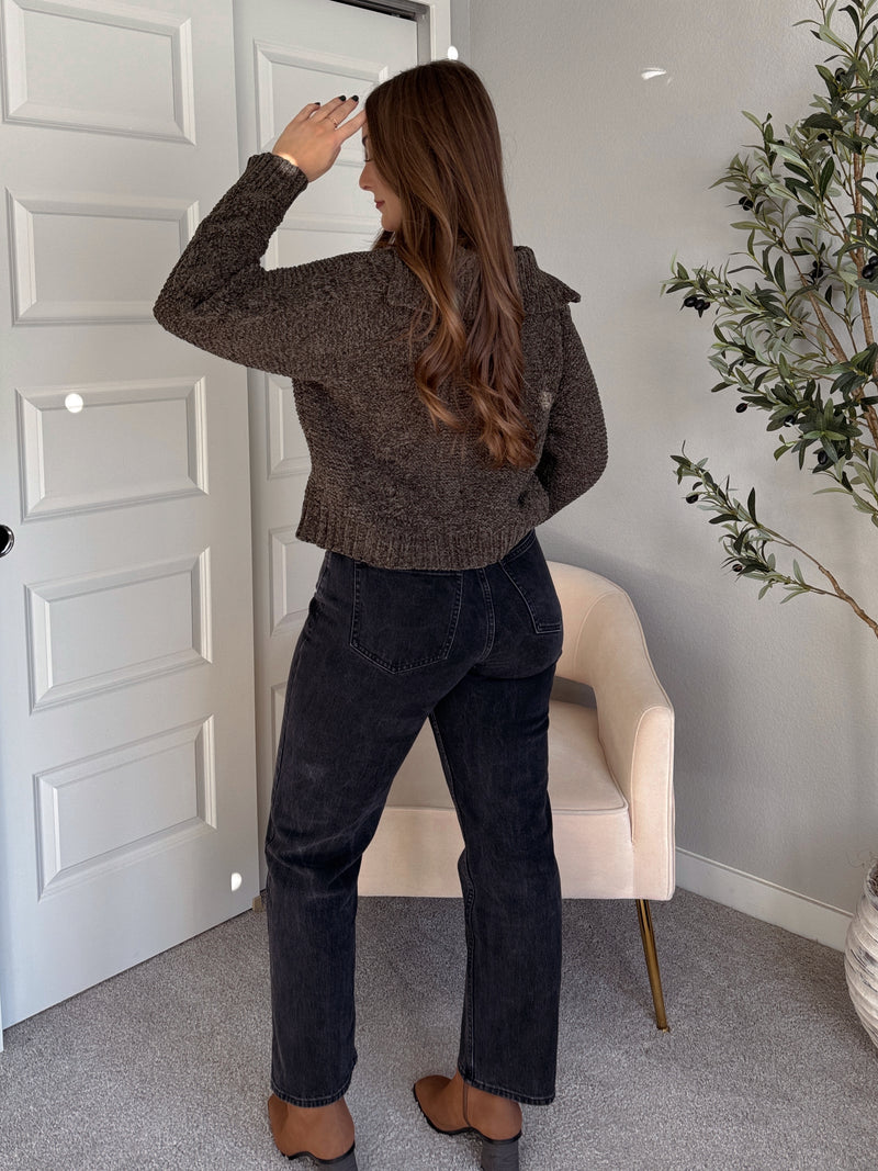 Hawthorne Chenille Cable Knit Collared Cardigan (Olive)