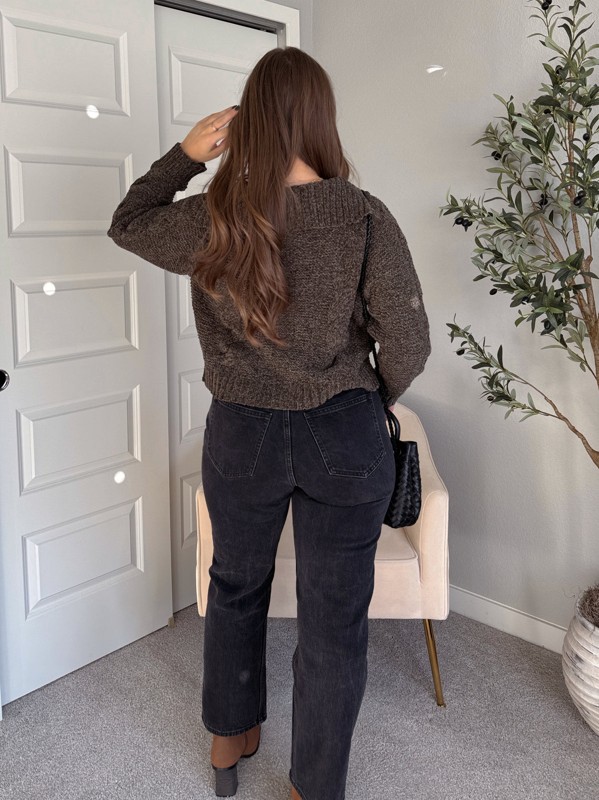 Hawthorne Chenille Cable Knit Collared Cardigan (Olive)