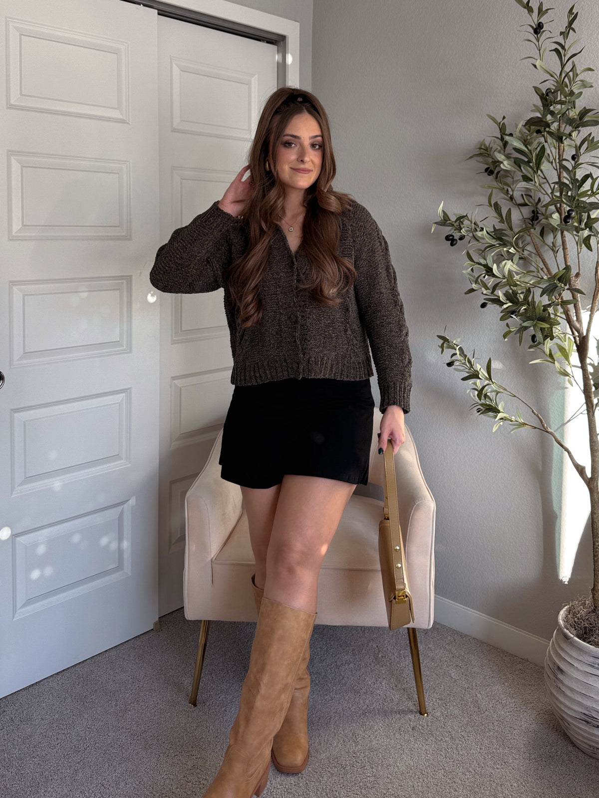 Hawthorne Chenille Cable Knit Collared Cardigan (Olive)