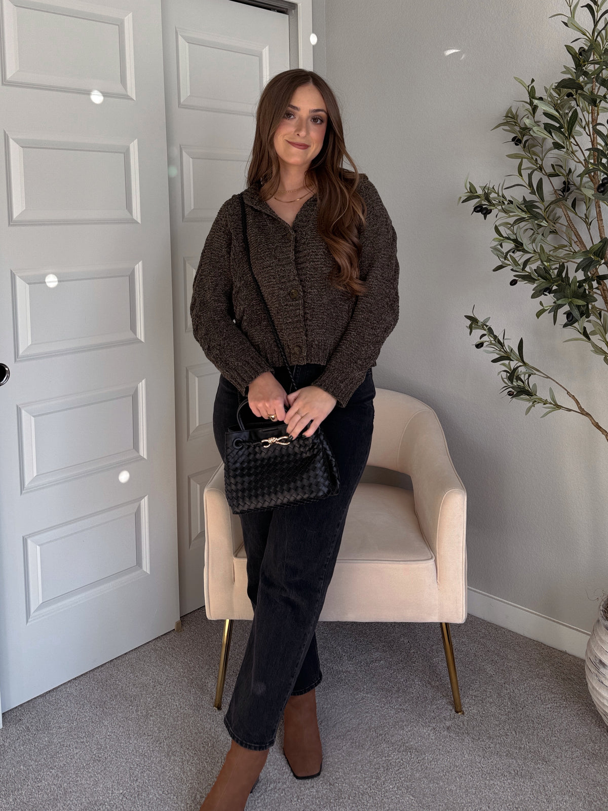 Hawthorne Chenille Cable Knit Collared Cardigan (Olive)