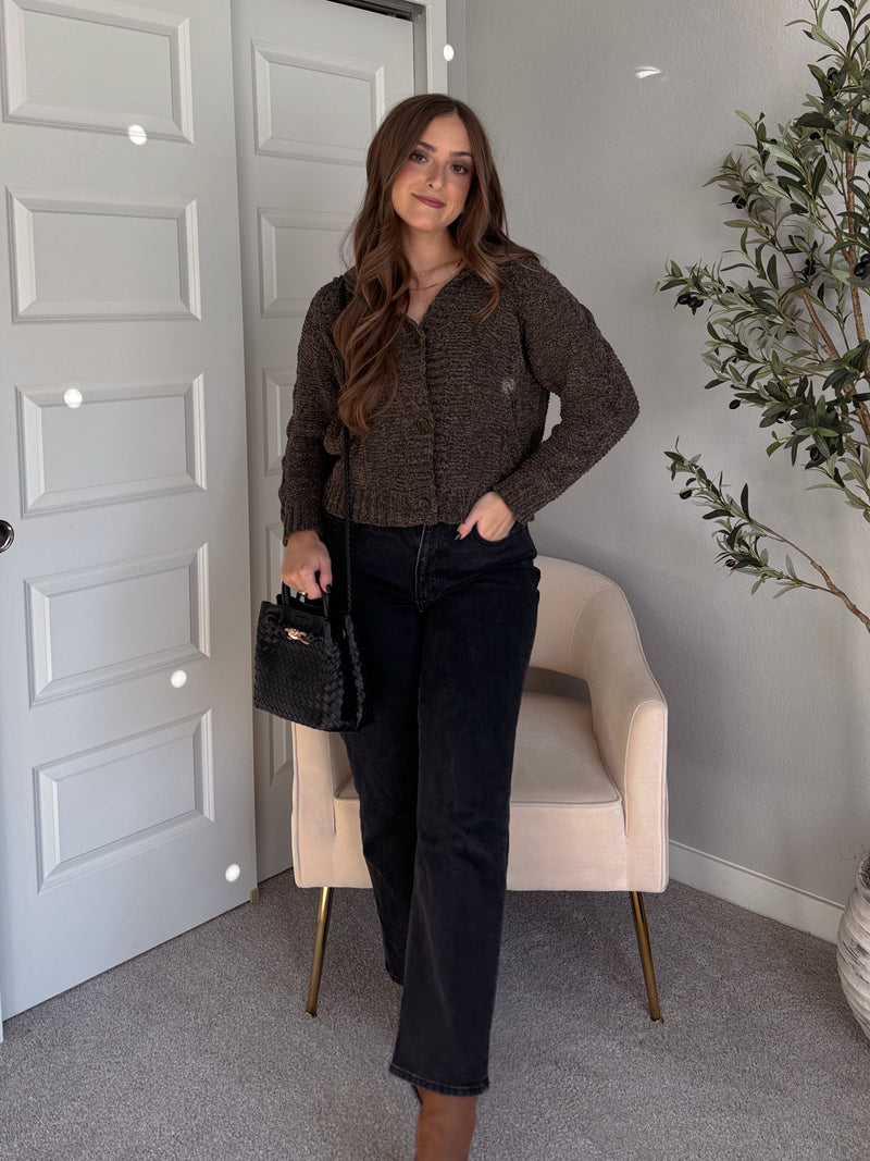 Hawthorne Chenille Cable Knit Collared Cardigan (Olive)