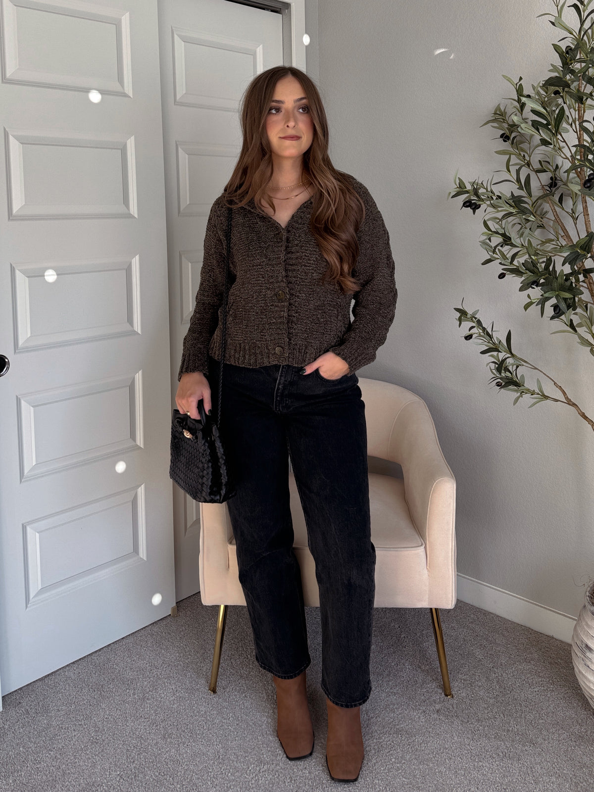 Hawthorne Chenille Cable Knit Collared Cardigan (Olive)