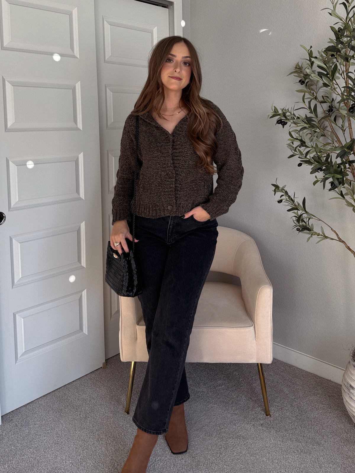 Hawthorne Chenille Cable Knit Collared Cardigan (Olive)