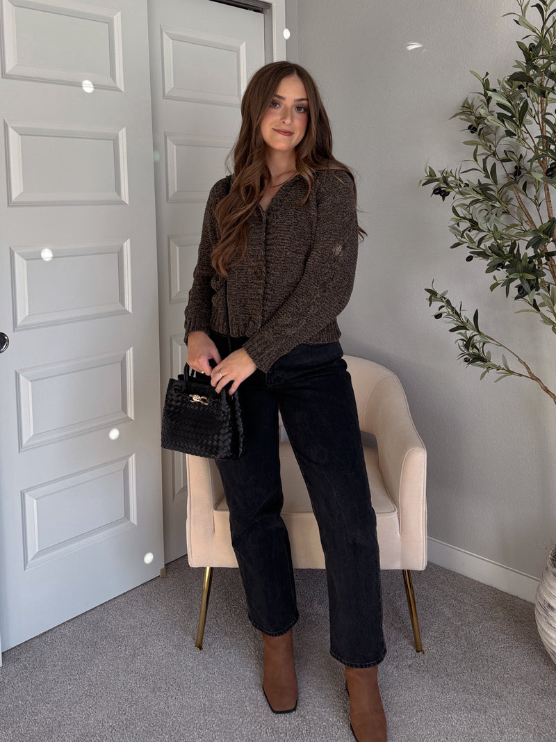 Hawthorne Chenille Cable Knit Collared Cardigan (Olive)