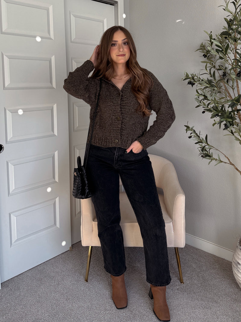 Hawthorne Chenille Cable Knit Collared Cardigan (Olive)