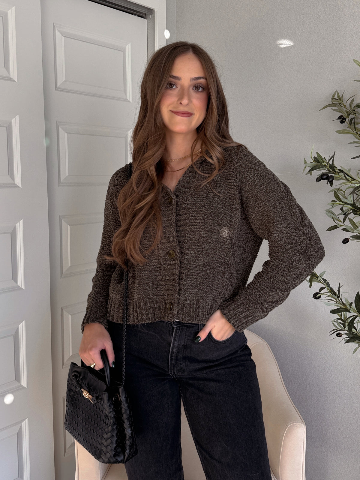 Hawthorne Chenille Cable Knit Collared Cardigan (Olive)