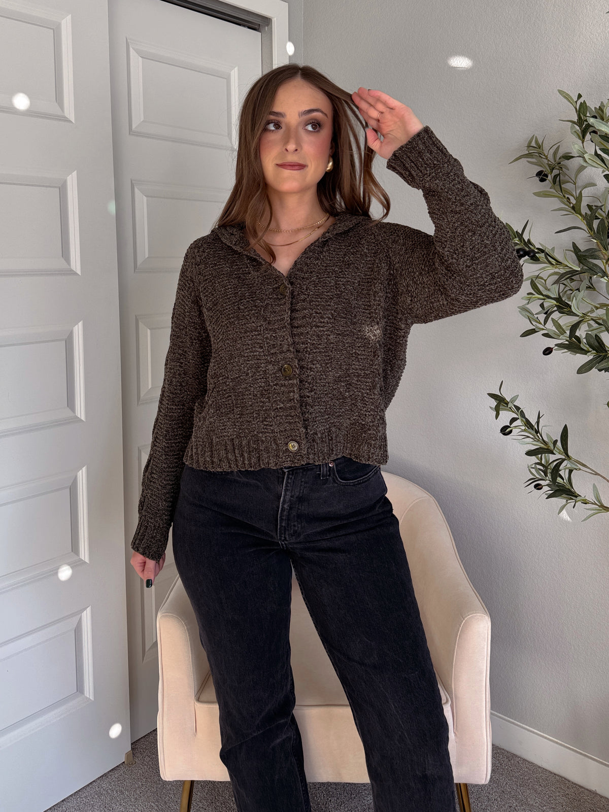 Hawthorne Chenille Cable Knit Collared Cardigan (Olive)