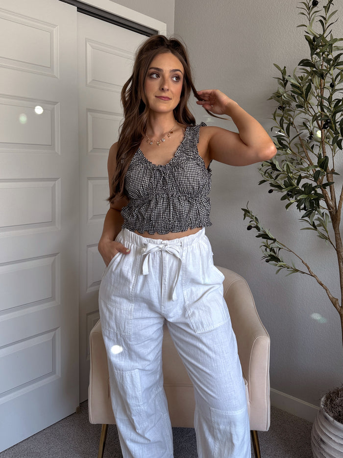 Hayden Gingham Print Shirred Crop Top (Black)