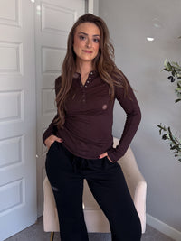 Hayes Long Sleeve Micro-Ribbed Henley Top (Espresso)