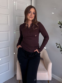 Hayes Long Sleeve Micro-Ribbed Henley Top (Espresso)