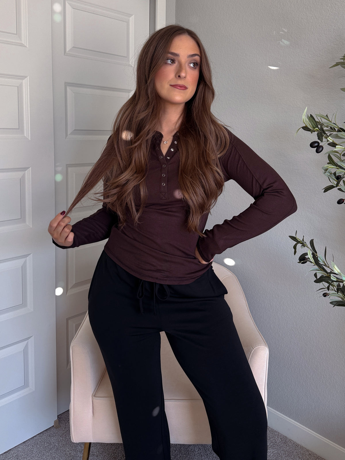 Hayes Long Sleeve Micro-Ribbed Henley Top (Espresso)