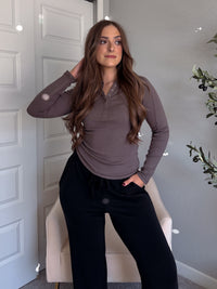 Hayes Long Sleeve Micro-Ribbed Henley Top (Truffle)