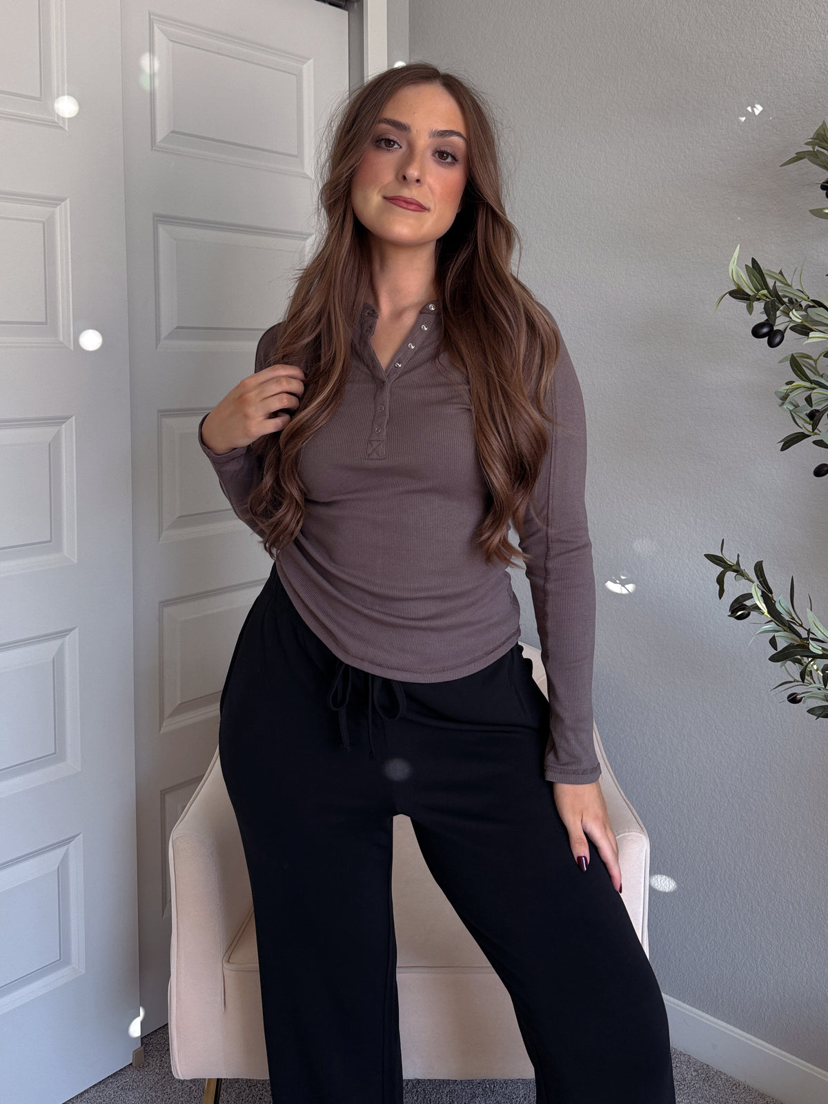Hayes Long Sleeve Micro-Ribbed Henley Top (Truffle)