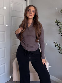Hayes Long Sleeve Micro-Ribbed Henley Top (Truffle)