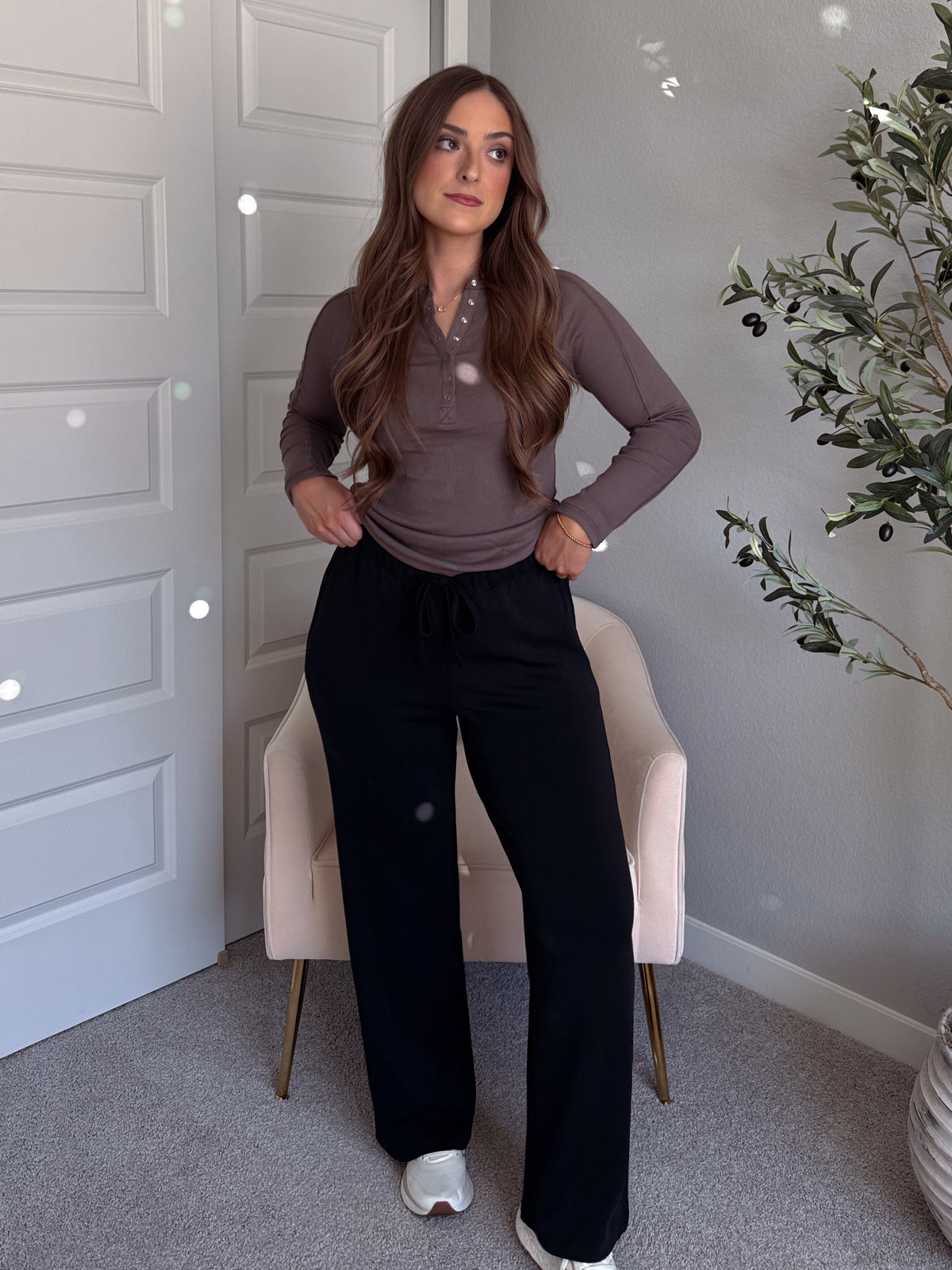 Hayes Long Sleeve Micro-Ribbed Henley Top (Truffle)
