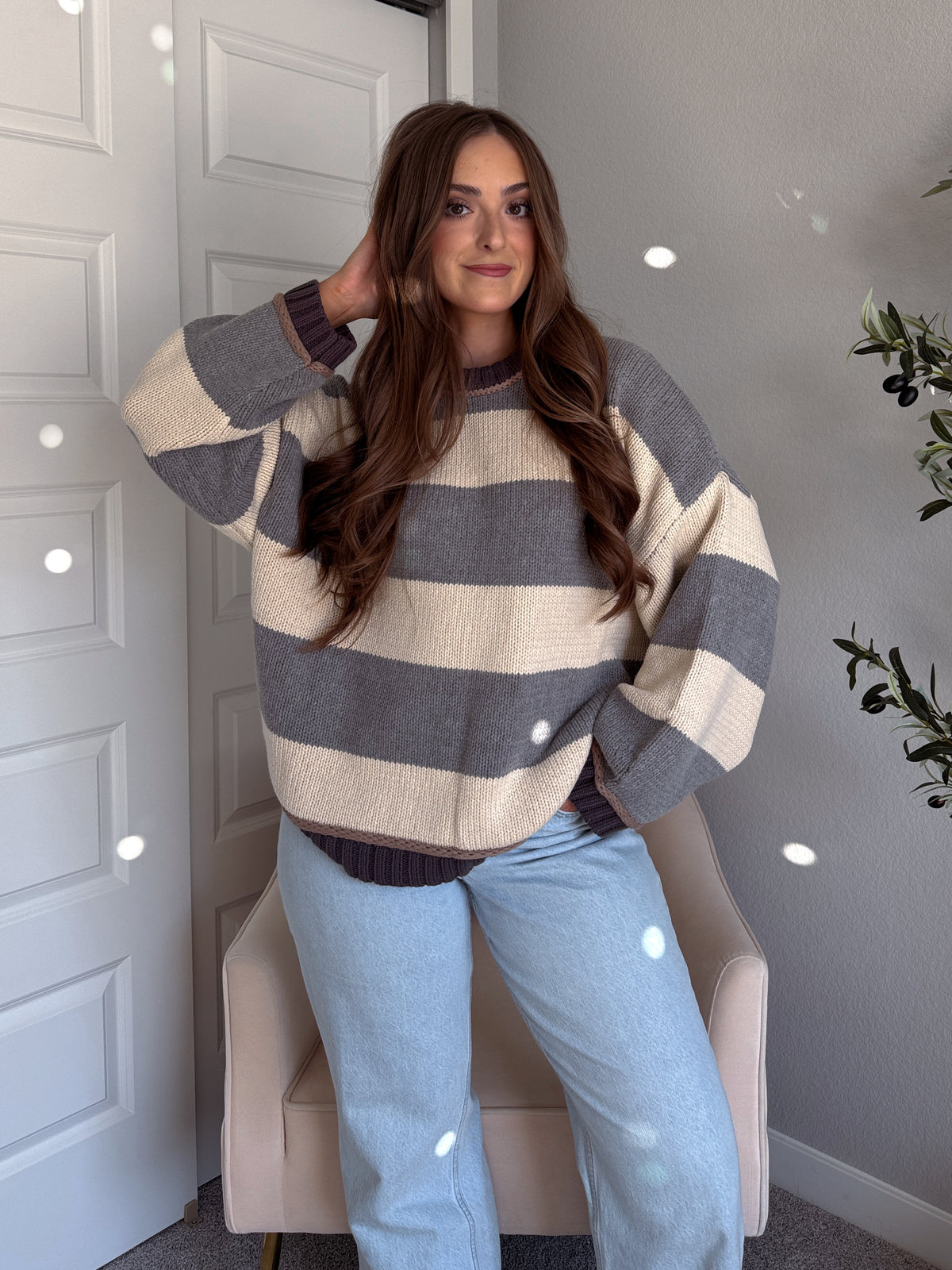Holland Oversized Striped Crew Neck Sweater (Gray/Multi)