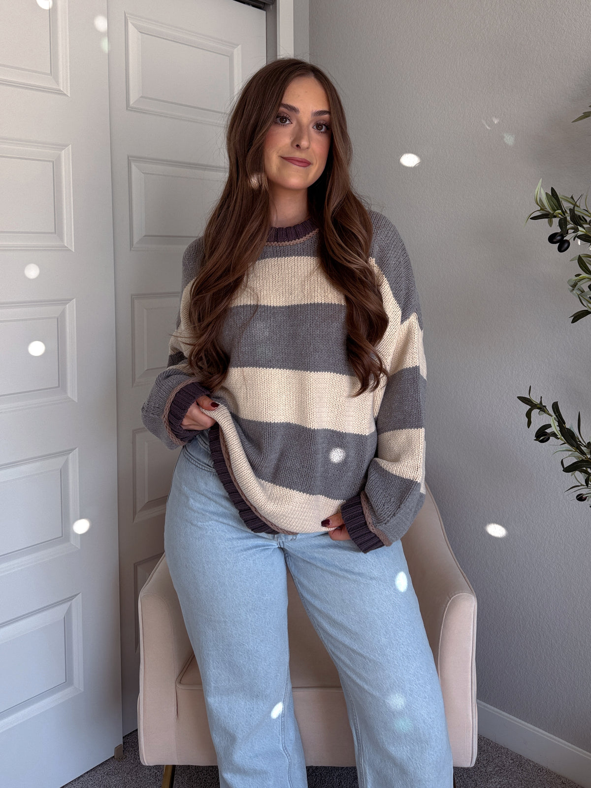 Holland Oversized Striped Crew Neck Sweater (Gray/Multi)