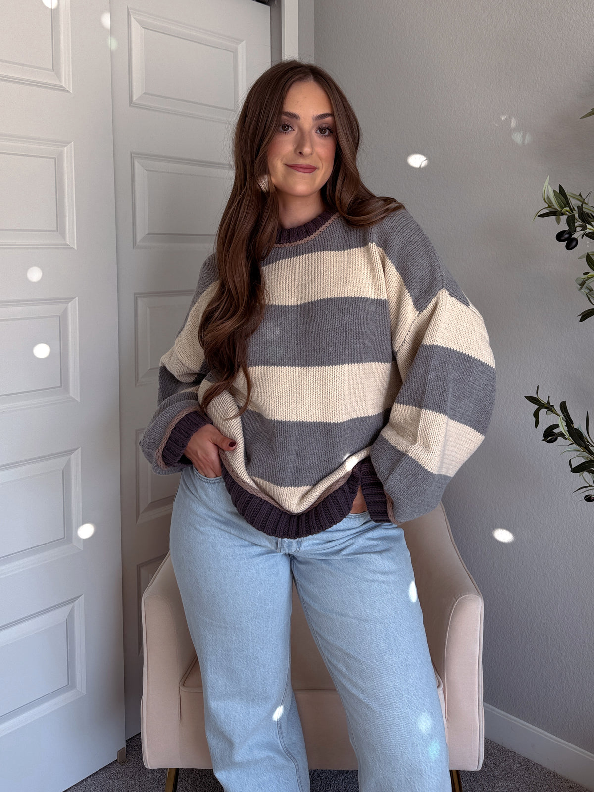 Holland Oversized Striped Crew Neck Sweater (Gray/Multi)