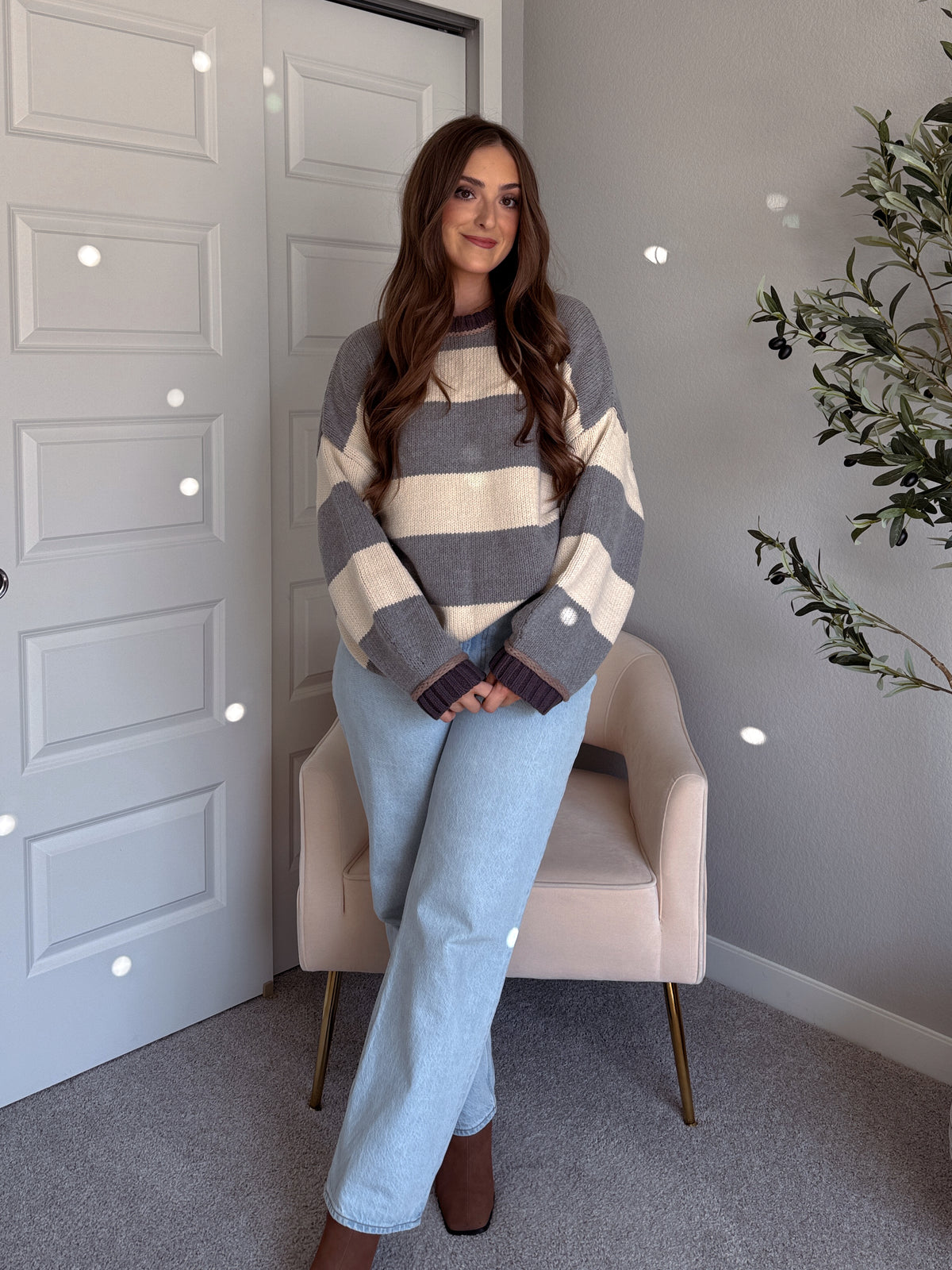 Holland Oversized Striped Crew Neck Sweater (Gray/Multi)