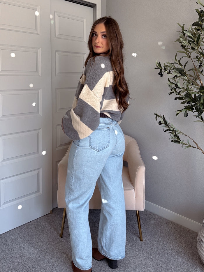 Holland Oversized Striped Crew Neck Sweater (Gray/Multi)