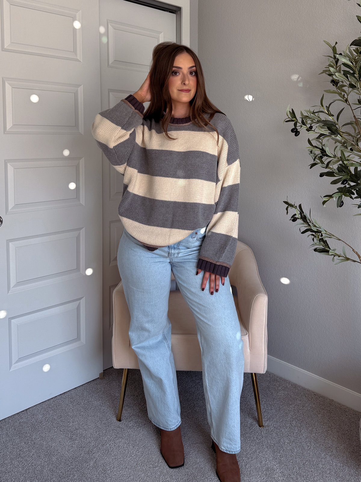 Holland Oversized Striped Crew Neck Sweater (Gray/Multi)