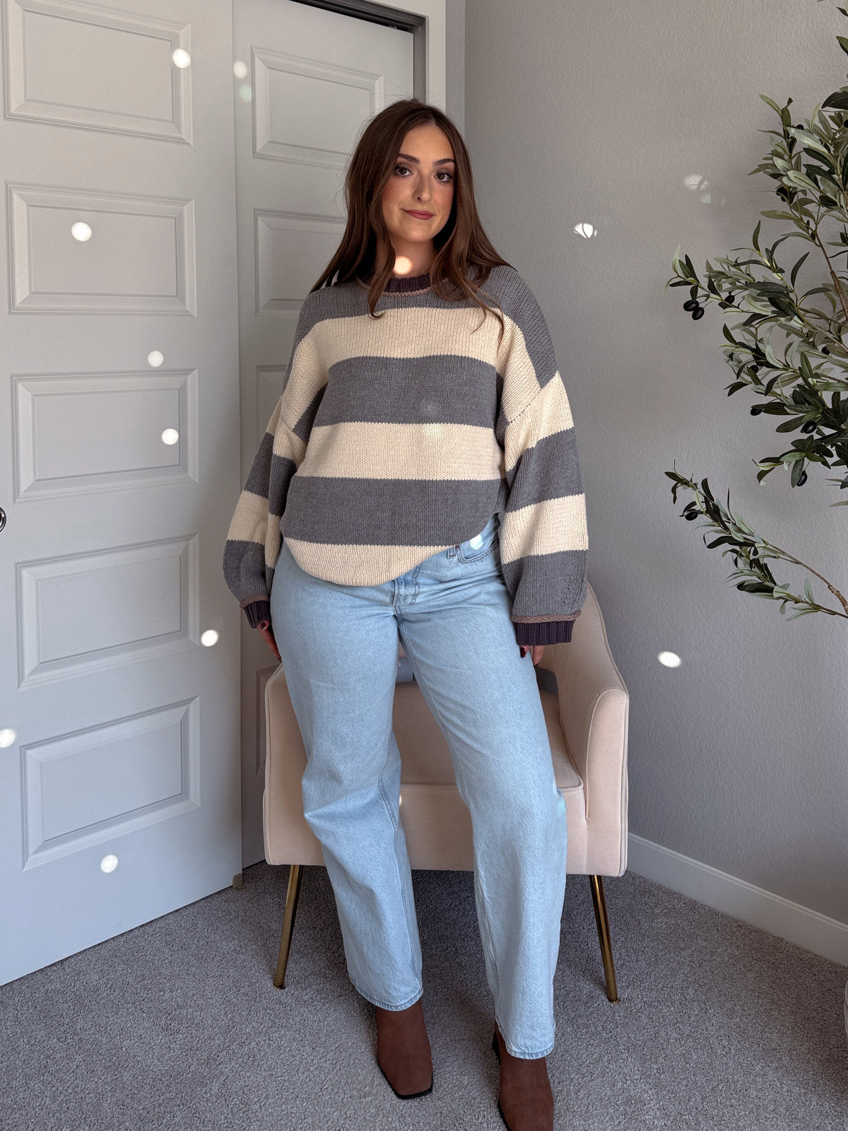 Holland Oversized Striped Crew Neck Sweater (Gray/Multi)