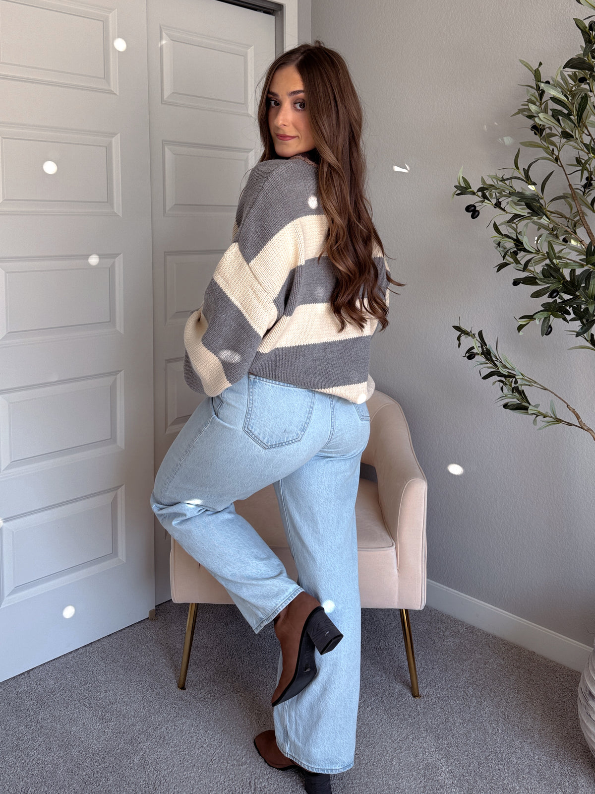 Holland Oversized Striped Crew Neck Sweater (Gray/Multi)
