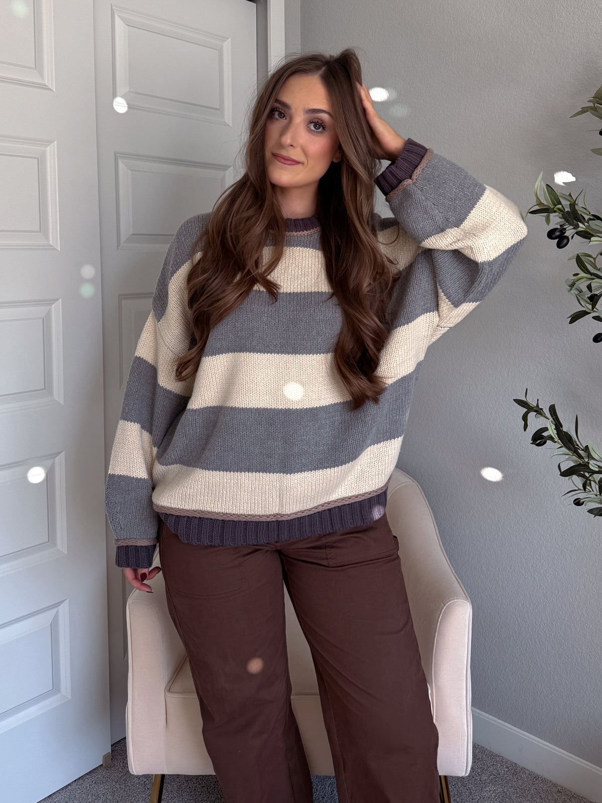 Holland Oversized Striped Crew Neck Sweater (Gray/Multi)