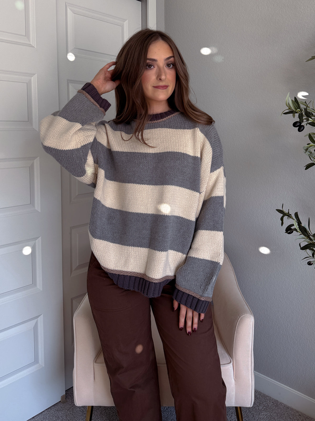 Holland Oversized Striped Crew Neck Sweater (Gray/Multi)