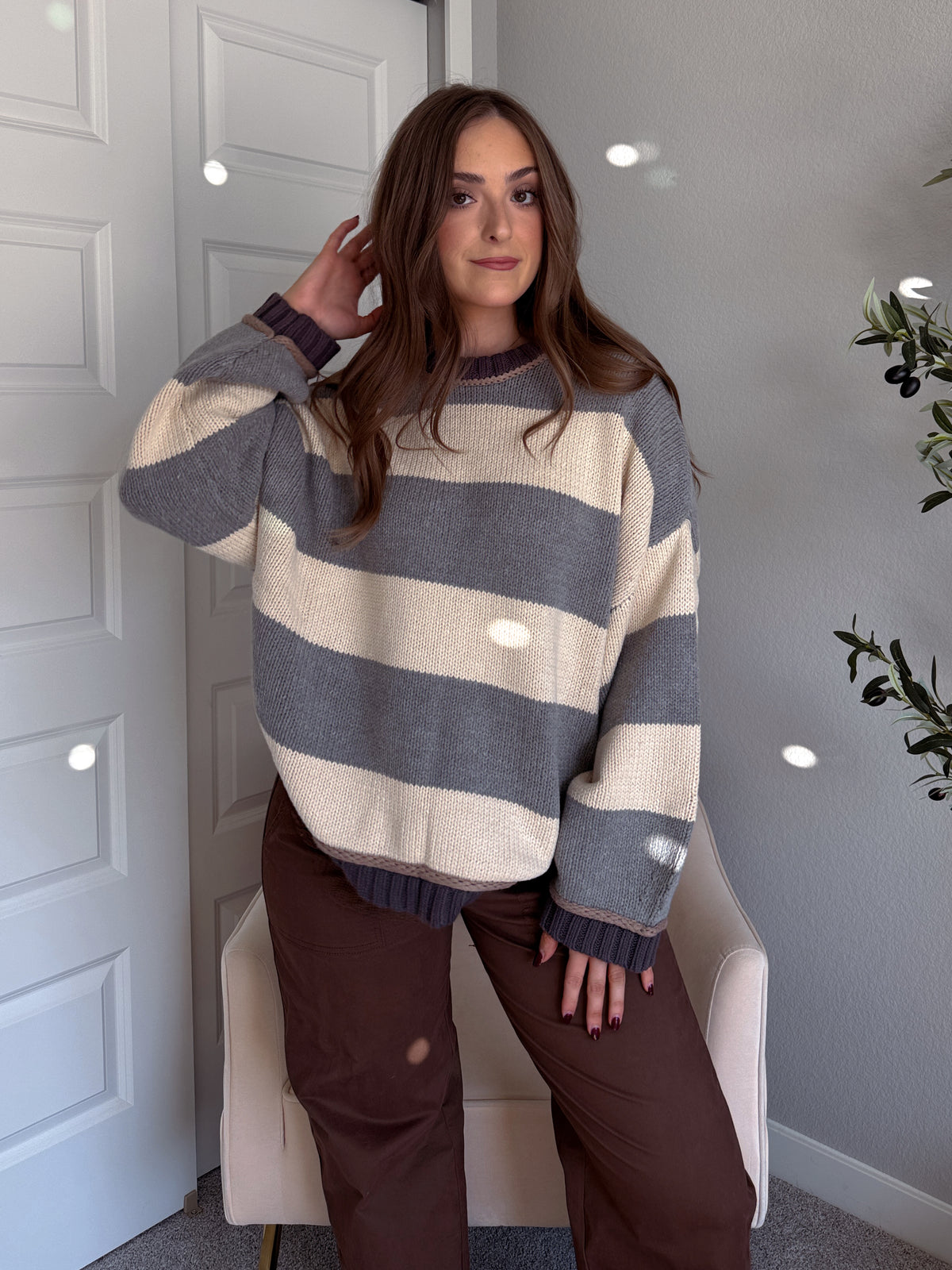 Holland Oversized Striped Crew Neck Sweater (Gray/Multi)