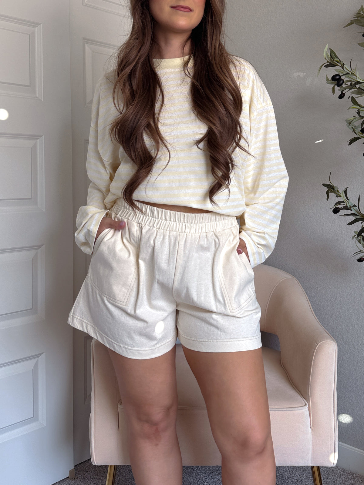 Honeybelle Contrast Stitch Lounge Shorts (Butter Cream)