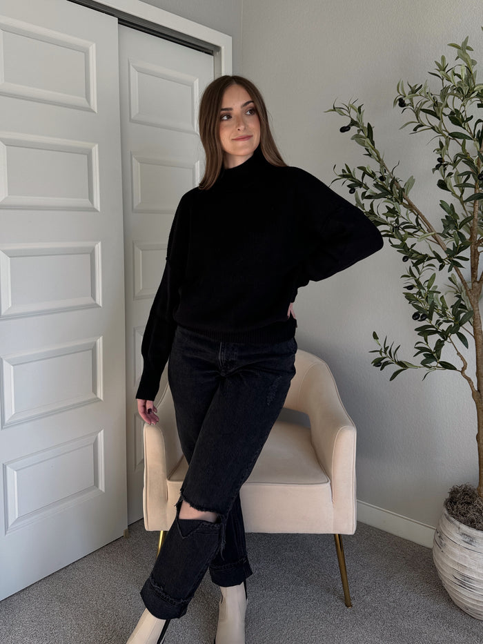 Hudson Mock Neck Ribbed Knit Sweater (Black)