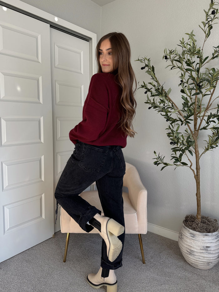 Hudson Mock Neck Ribbed Knit Sweater (Burgundy)