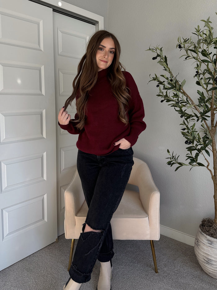 Hudson Mock Neck Ribbed Knit Sweater (Burgundy)