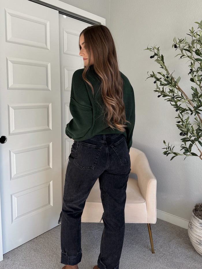 Hudson Mock Neck Ribbed Knit Sweater (Hunter Green)