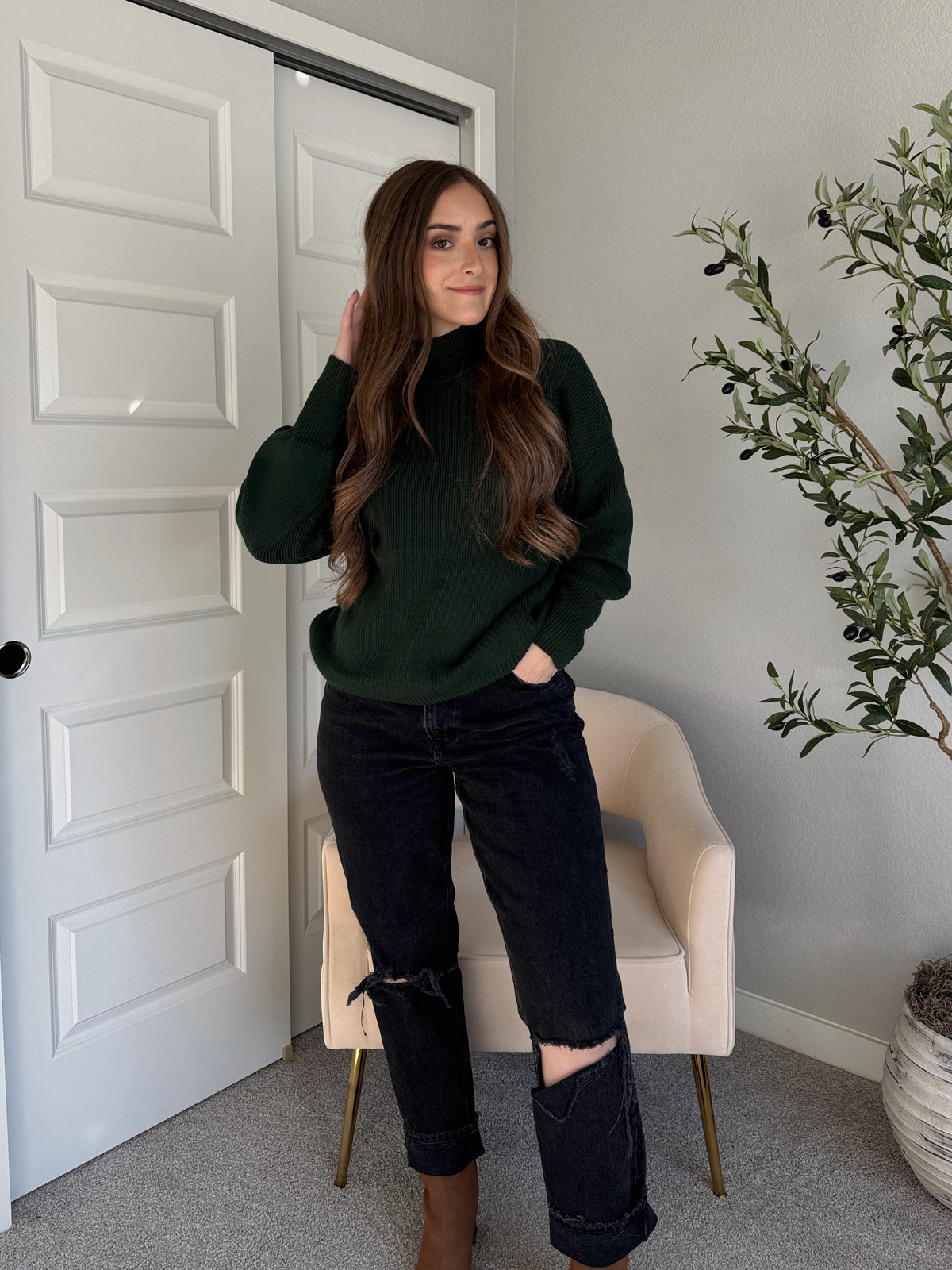 Hudson Mock Neck Ribbed Knit Sweater (Hunter Green)